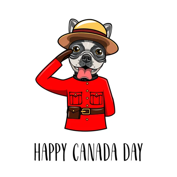Bulldog francese Royal Canadian Mounted Police. Felice giorno del Canada disegno biglietto di auguri. Vettore . — Vettoriale Stock