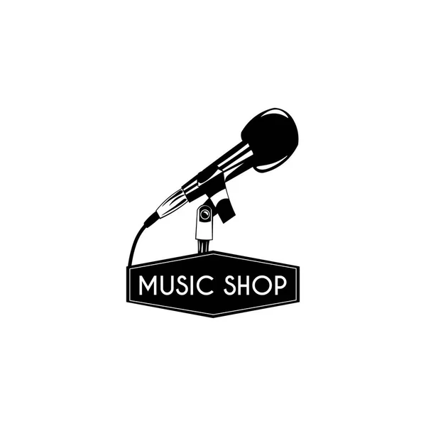 Icono del micrófono. etiqueta del logotipo de la tienda de música. emblema de la tienda de música. Vector . — Vector de stock