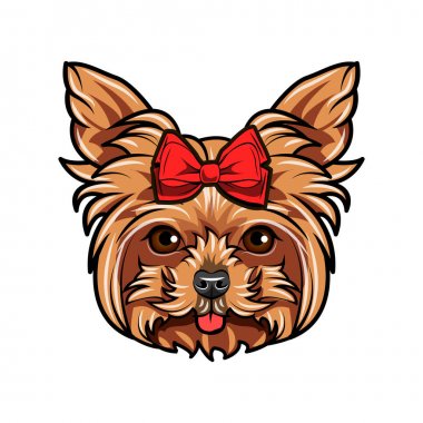 Yorkshire Terrier köpek portre. Kırmızı yay. Aksesuar. Yorkshire terrier doğurmak. Vektör.