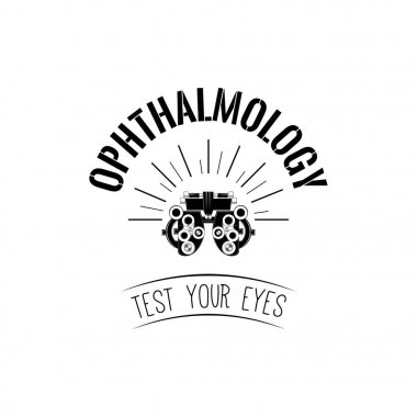 Phoropter, oftalmik test aygıtı makine simgesi. Gözleri metninizi sınayın. Oftalmoloji etiketi logosu. Vektör.