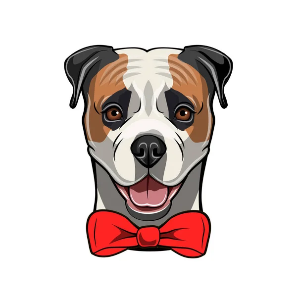 Amerikanische Bulldogge, rote Schleife. Niedliche Hundegesicht Porträt. Hunderasse. Zubehör. Vektor. — Stockvektor