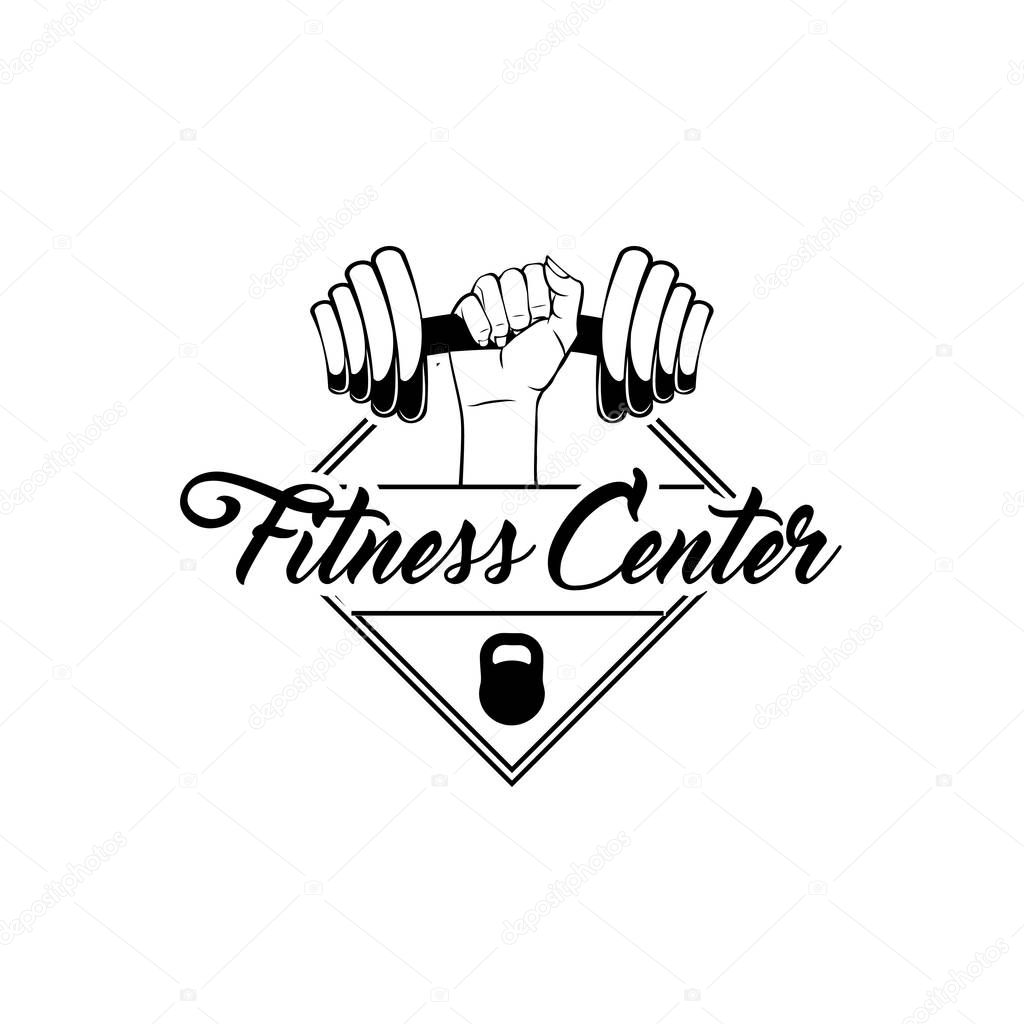 Dumbbell, hand, Kettlebell Fitness center logo label embelm. Fitness motivation poster. Sport equipment. Vector illustration