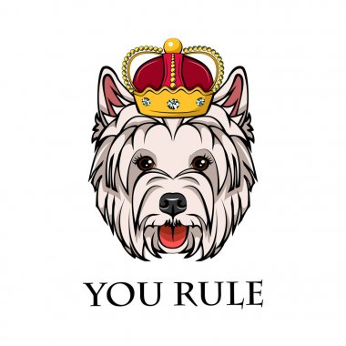 Batı dağlık beyaz korkunç Kral. Taç. Köpek Kraliçe. Köpek portre. Metin kural. Vektör.