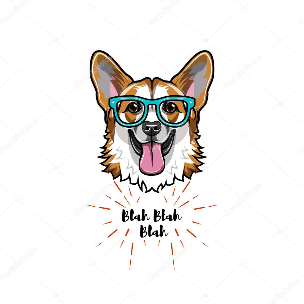 Welsh Corgi geek. Smart glasses. Dog nerd. Clever dog portrait. Vector.