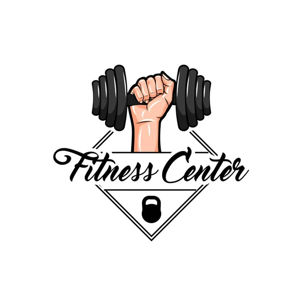 Hantel, Kettlebell emblem. Etikett för fitness center Logotypdesign. Hand innehav hantel. Vektor. — Stock vektor