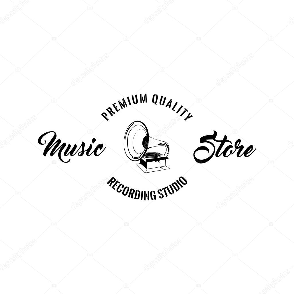 Old gramophone icon. Music store logo. Music shop emblem label. Recording studio. Premium quality. Vector illustration