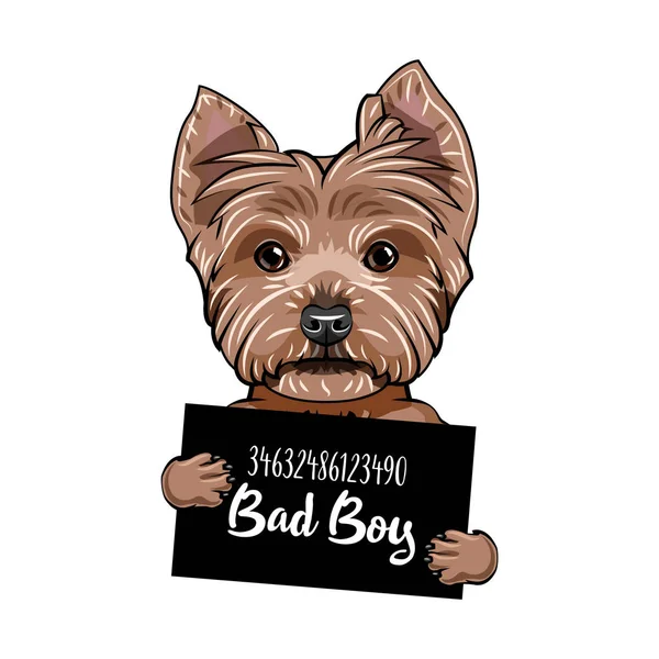 New York Terrier Bad Boy. Hundegefängnis. Die Hintergründe der Polizeigewalt sind unklar. yorkshire terrier kriminell. Vektor. — Stockvektor