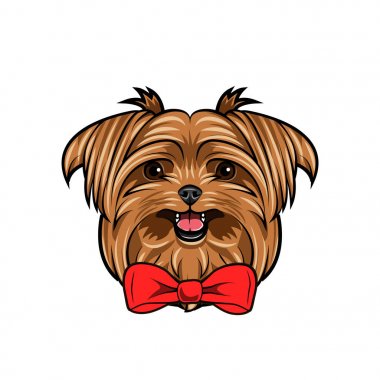 Yorkshire terrier köpek portre. Dekoratif yay. Kırmızı yay. Dog Head'a, yüz, namlu. Vektör.
