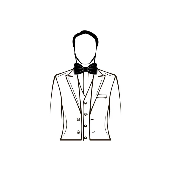 Mans silhouette. Wedding men's suit, tuxedo. Bow tie. Groom. Design element. Vector. — Stock Vector