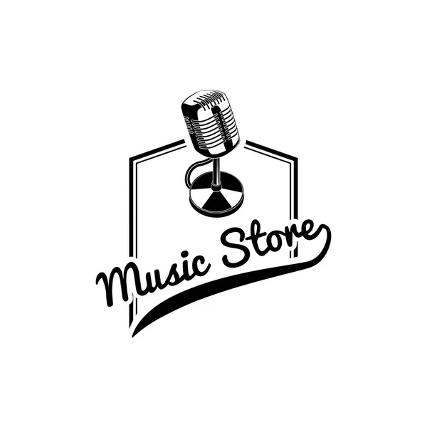 Señal de micrófono retro. Logo de la tienda de música. Etiqueta insignia de tienda de música. Dispositivo musical. Vector . — Vector de stock