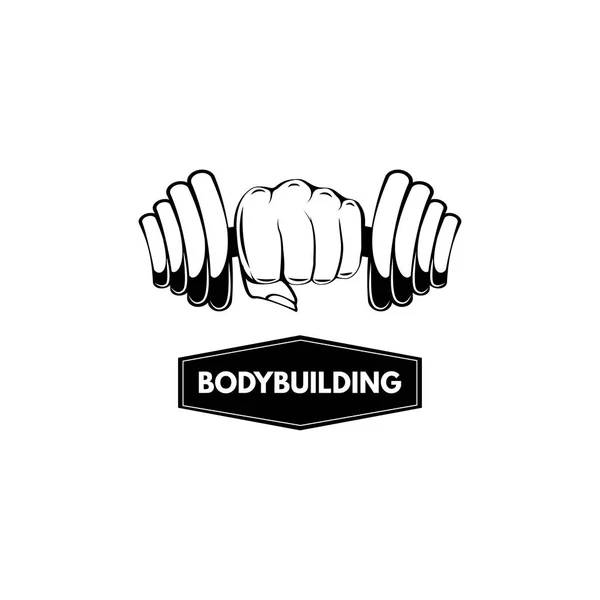 Haltère. Poing. Insigne d'étiquette de logo de bodybuilding. Main tenant haltère. Signe sportif. Vecteur . — Image vectorielle
