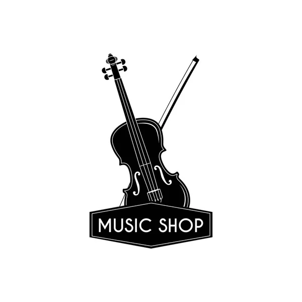Housle. Bow. Obchod s hudebninami. Hudební obchod label logo. Hudební nástroj. Vektor. — Stockový vektor
