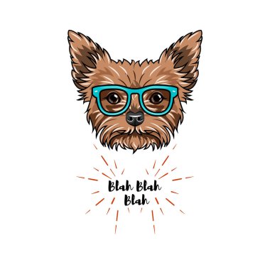 Yorkshire terrier inek. Akıllı gözlük. Köpek geek. Yorkshire terrier portre. Vektör.
