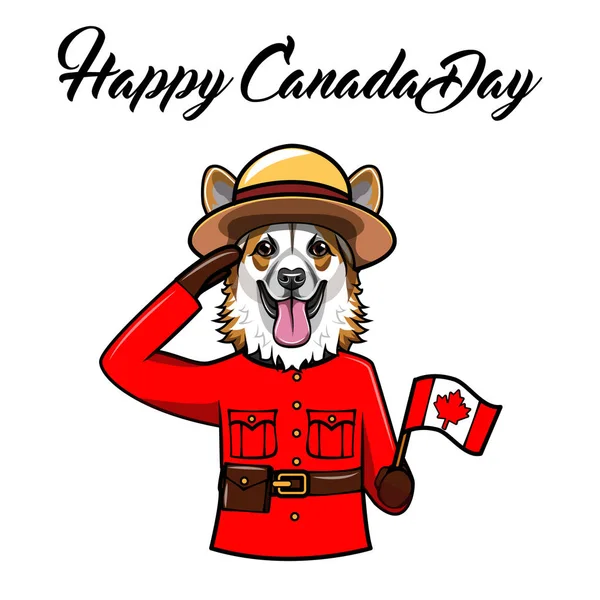 Cane corgi gallese. Bandiera canadese. Biglietto del Canada. Royal Canadian Mounted Police. Ritratto di Corgi. Vettore . — Vettoriale Stock