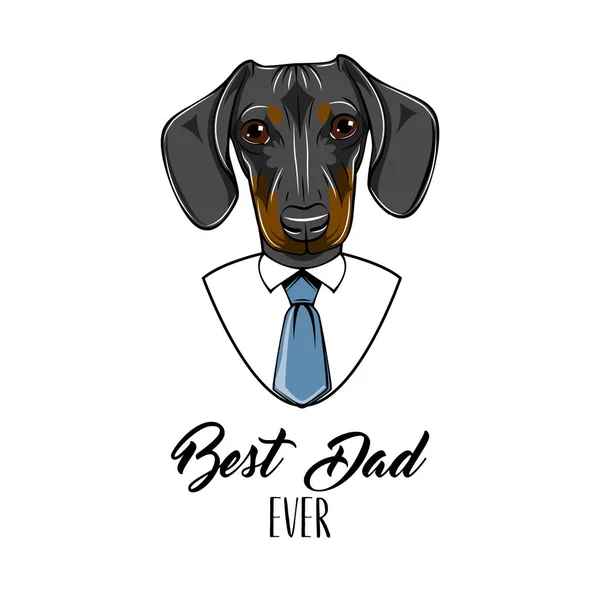 Dachshund dog. Fathers day greeting card. Best dad ever text. Cute dog portrait. Vector. — Stock Vector