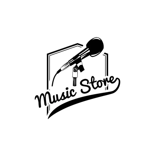 Icono del micrófono. emblema del logotipo de la tienda de música. Etiqueta de tienda de música. Dispositivo musical. Signo de sonido. Vector . — Vector de stock