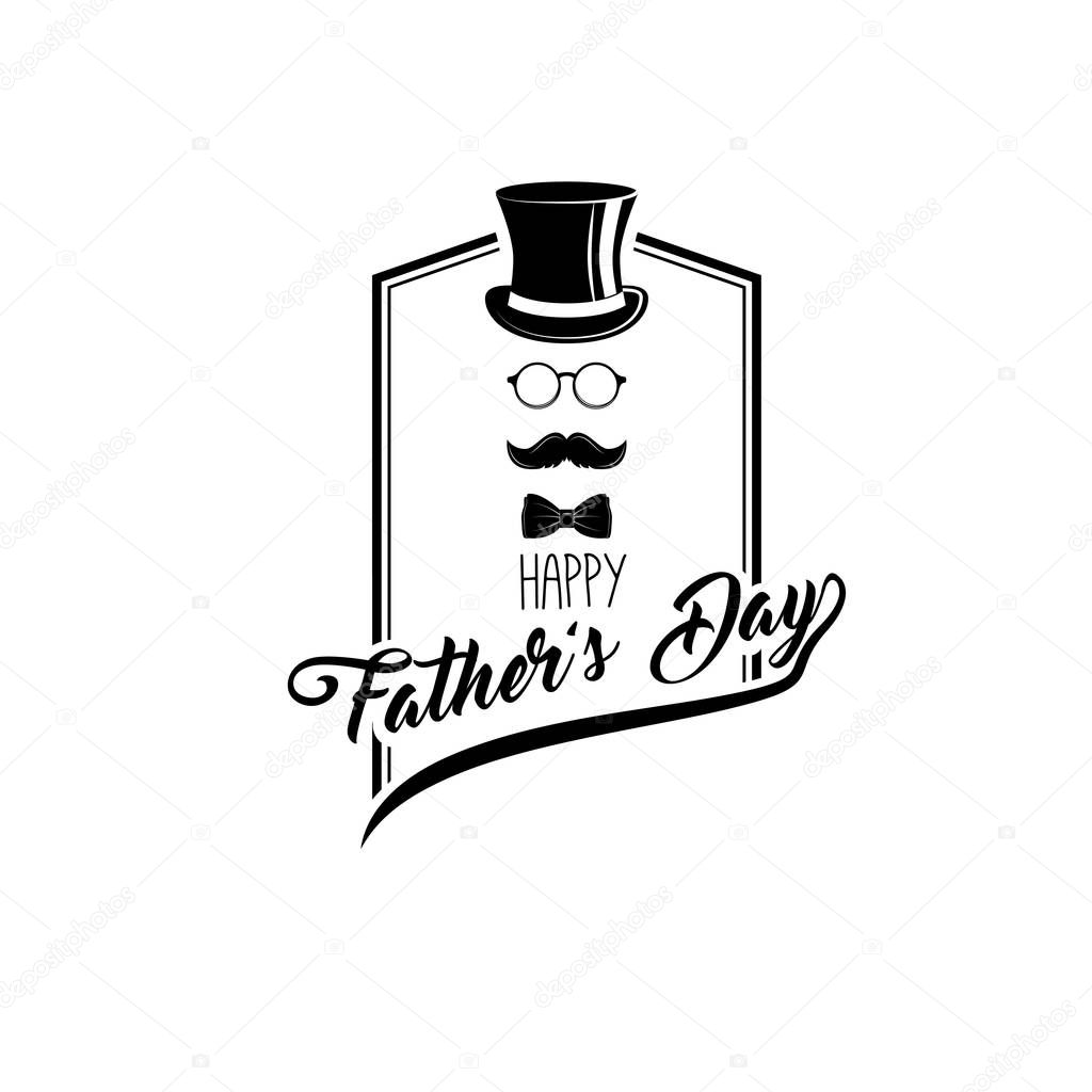 Fathers day greeting card. Dad gift. Fathers day symbols. Top hat, glasses, mustache, bow tie. Vector illustration.