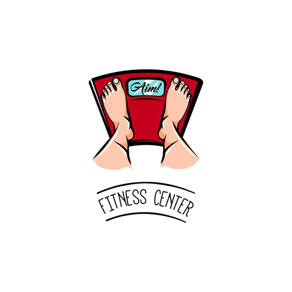 Bathroom scale. Feet. Fitness center logo. Weight loss motivation. Fitness club label emblem. Vector. — Stock Vector