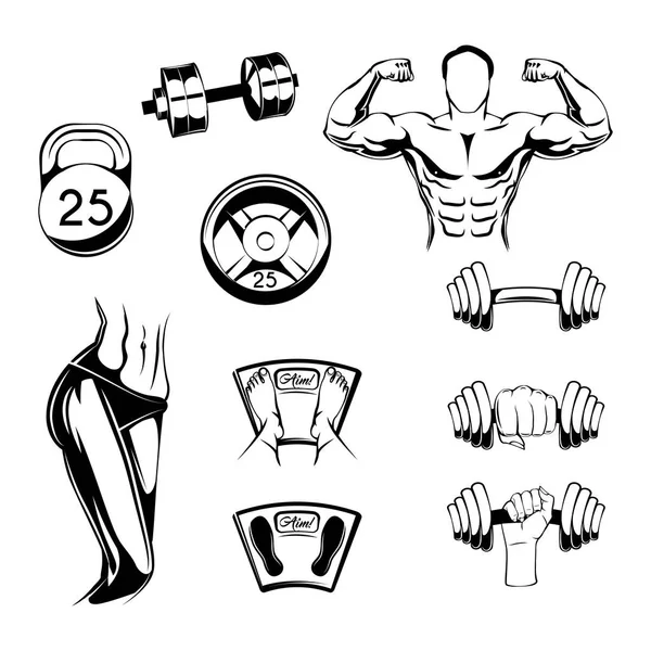 Set de insignias de fitness. Etiquetas deportivas, iconos de gimnasio, siluetas de mujer y hombre, barras y símbolos de peso. Equipamiento deportivo. Vector . — Archivo Imágenes Vectoriales