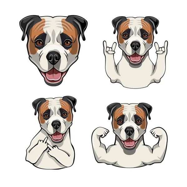 Buldog amerykański. Rock gest, rogi, środkowy palec, głowy, twarzy, mięśni, kaganiec. Zestaw gestów. Portret psa. Wektor. — Wektor stockowy