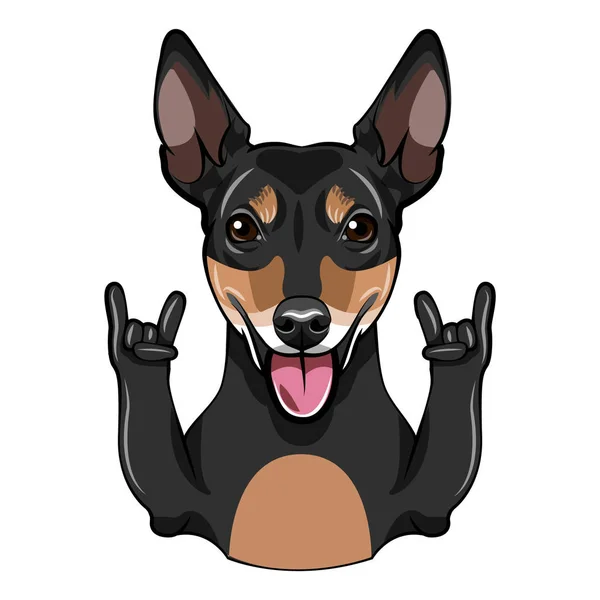 Chien Jouet Terrier Russe. Cornes, geste rock. Portrait de chien. Jouet Terrier race. Vecteur . — Image vectorielle