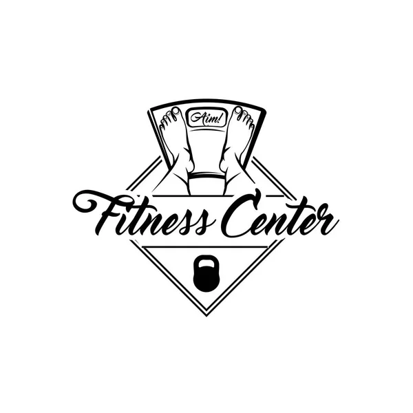 Bodenwaage-Symbol. Fitness-Center-Logo. Fitnessclub-Label. Kettlebell-Abzeichen. Füße auf der Gewichtungsmaschine. Motivation zur Gewichtsabnahme. Vektor. — Stockvektor