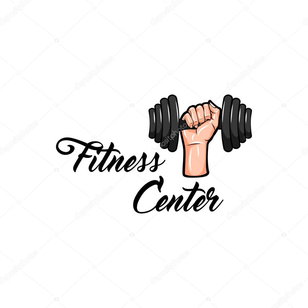 Fitness center logo. Sport equipment badge. Fitness club label. Hand holding weight. Vector illustration.