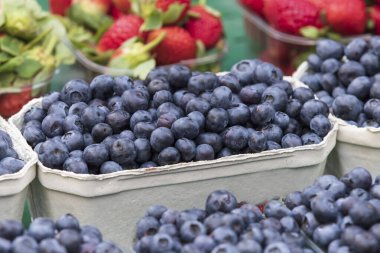Taze meyve ahududu, çilek ve yabanmersini tezgahtaki kağıt kaselerde. Meyve pazarda satılmak üzere tasarlanmıştır..