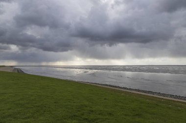Hollanda 'daki Wierum' da deniz manzarası ve dalgalar çok güzel. Arka plan dramatik bulutlarla dolu mavi bir gökyüzü..