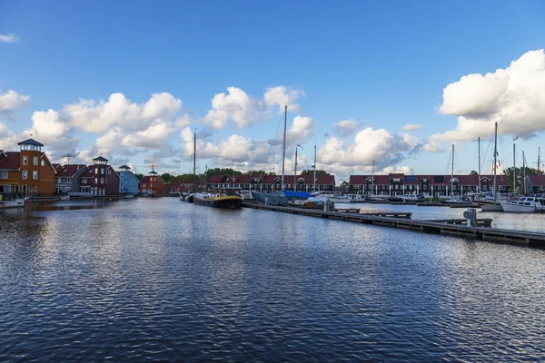 Panorama Del Puerto Groningen Holanda Amanecer Puerto Hay Barcos Cielo — Foto de Stock