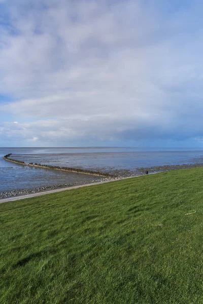 Prachtig Uitzicht Zee Golfbrekers Bij Wierum Achtergrond Een Blauwe Lucht — Stockfoto