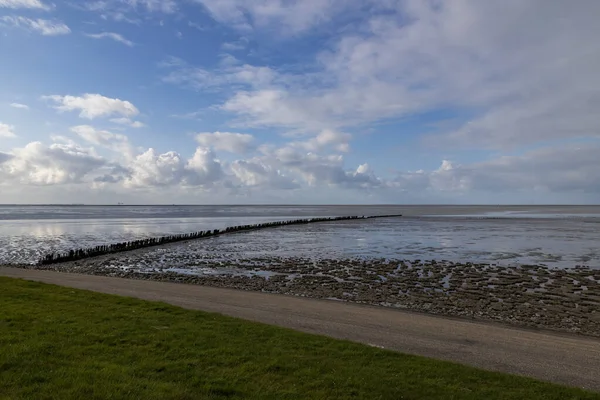 Bela Vista Mar Quebra Mares Maré Baixa Wierum Holanda Fundo — Fotografia de Stock