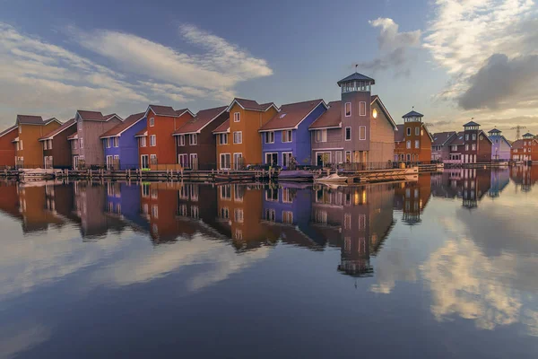 Port Groningen Netherlands Boats Houses Beautiful Sky Sunrise Reflected Sea — Stock Photo, Image