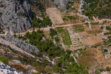 İvan Dolac 'ın üstündeki Hvar adasındaki deniz kenarındaki dağların manzarası.