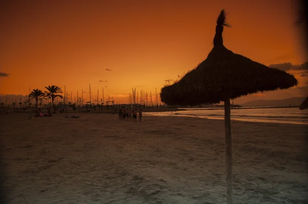 Grupo irreconhecível de pessoas na praia à noite ao pôr-do-sol — Fotografia de Stock