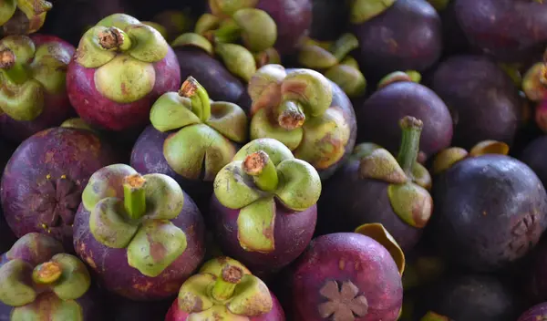 Stapel Mangosteen Thaise Fruitmarkt — Stockfoto