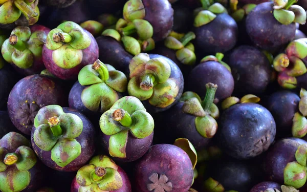 Stapel Mangosteen Thaise Fruitmarkt — Stockfoto