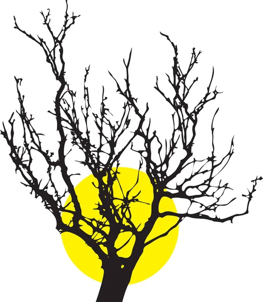 Realistic Black Silhouette Dried Tree Leaves Background Yellow Sun Vector — Stock Vector
