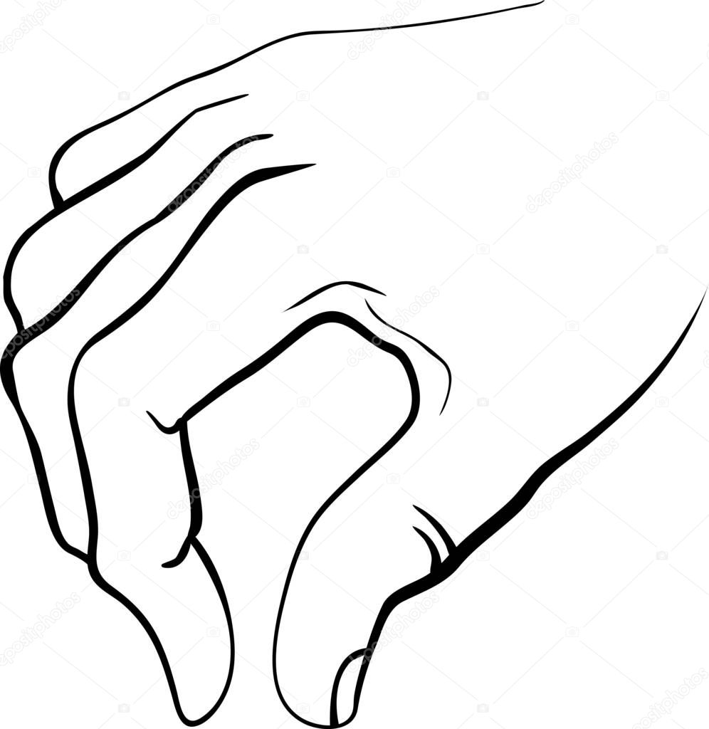 Human hand picking up some small invisible object with two fingers. Vector black and white, outlined illustration isolated with no background. Creative technique of mock up.