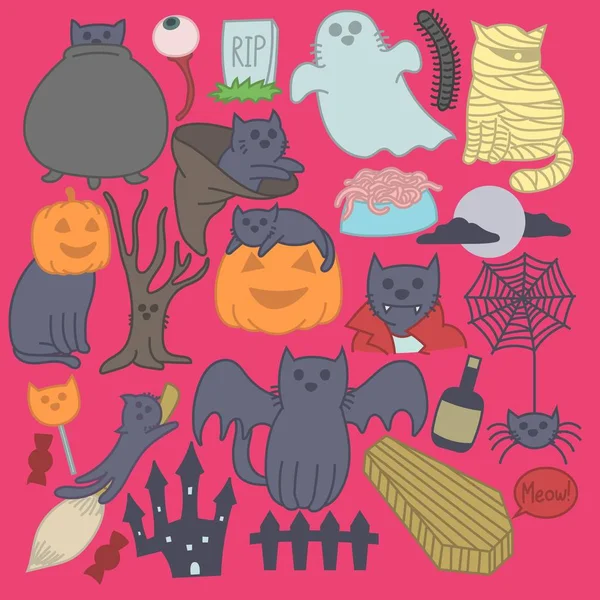 Zestaw Kotów Halloween Kreskówki Śmieszne Gry Ręcznie Rysowane — Wektor stockowy