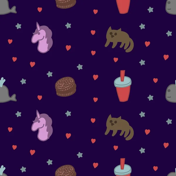 Cute whale, unicorn, star, loves, gingerbread,  and soft drink seamless pattern