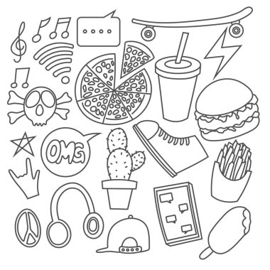 Çeşitli karalama seti siyah ve beyaz