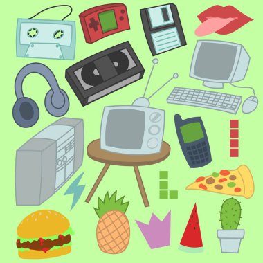 Nostalji seti çeşitli karalama, çizim, karikatür, illüstrasyon