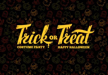 Hediye ver yoksa karışmam. Elle çizilmiş Cadılar Bayramı yazısı. Doku arka planında parlak tasarım. Vektör çizimi.