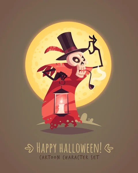 Skelett i topp hatt med Ljuslykta. Halloween tecknad karaktär koncept. Vektor illustration. — Stock vektor