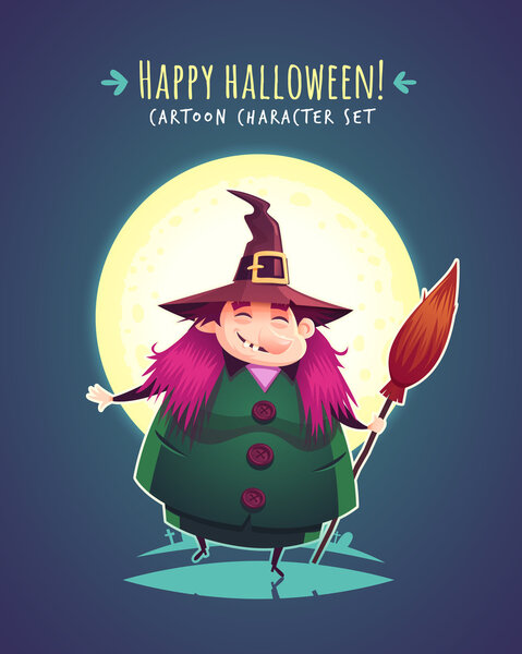 Funny Halloween witch with broom. Vector character illustration