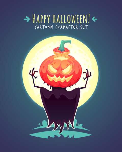 Funny Halloween pumpkin scarecrow. Vector character illustration