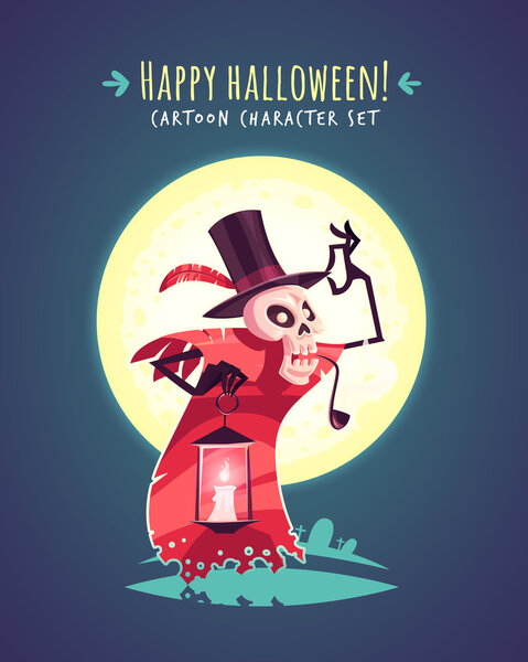 Funny Halloween hatter skull. Vector character illustration