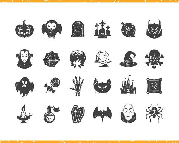 Halloween cartoon icons set. Zwarte silhouet labels geïsoleerd op witte achtergrond. — Stockvector