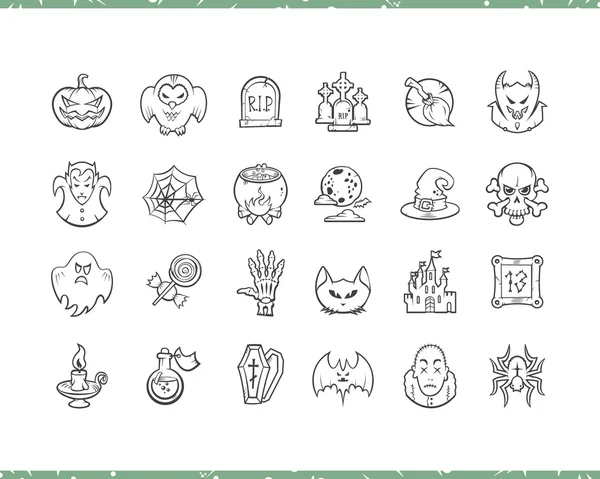 Conjunto de ícones de desenhos animados de Halloween. Etiquetas de estilo de esboço de linha fina isoladas em fundo branco . — Vetor de Stock